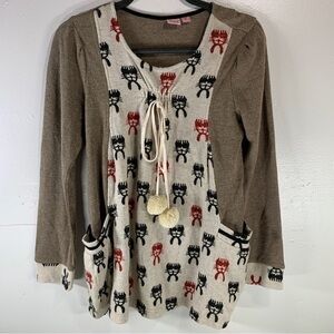 Vintage wool blend tunic sweater tan blue red funny cat print pockets tassels